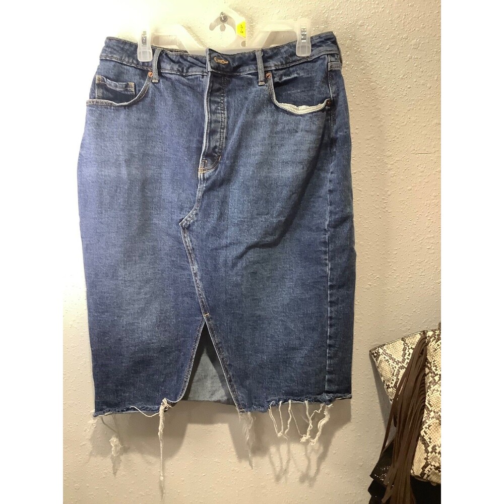 Old Navy denim jean skirt 14 hippy button up a line hemmed distressed